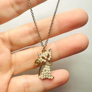 Gold Cat Pendant Necklace with Pearl Accents